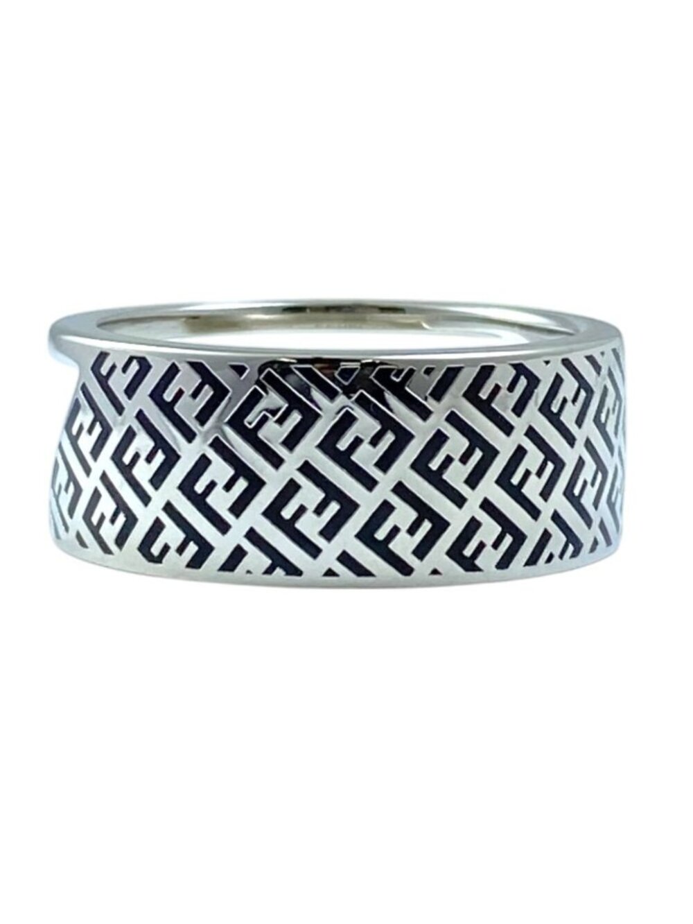 Fendi Ring Hexagon FF Logo Zucca Metal Silver Black